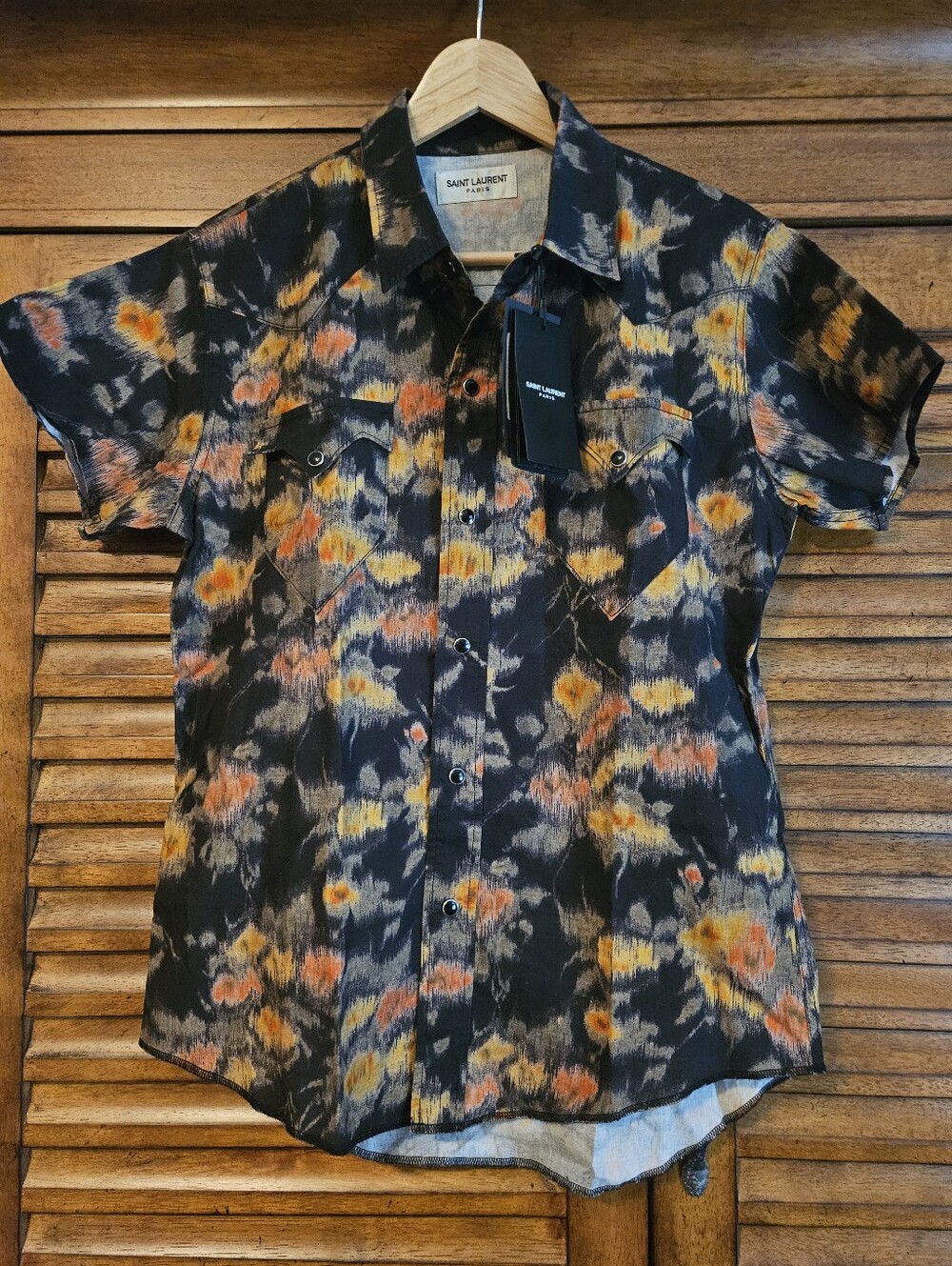 Saint Laurent Black Short-Sleeve Western RETAIL $790 Orange and Yellow Pattern